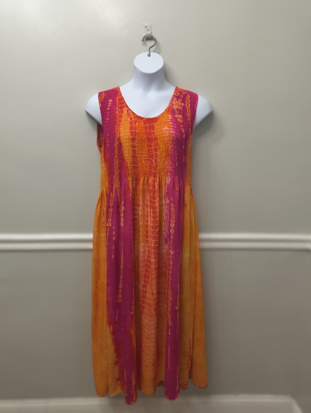 SOL Boho Tie-Dye Smocked Maxi Dress Plus 3X/4X Pink Orange Festival Lagenlook